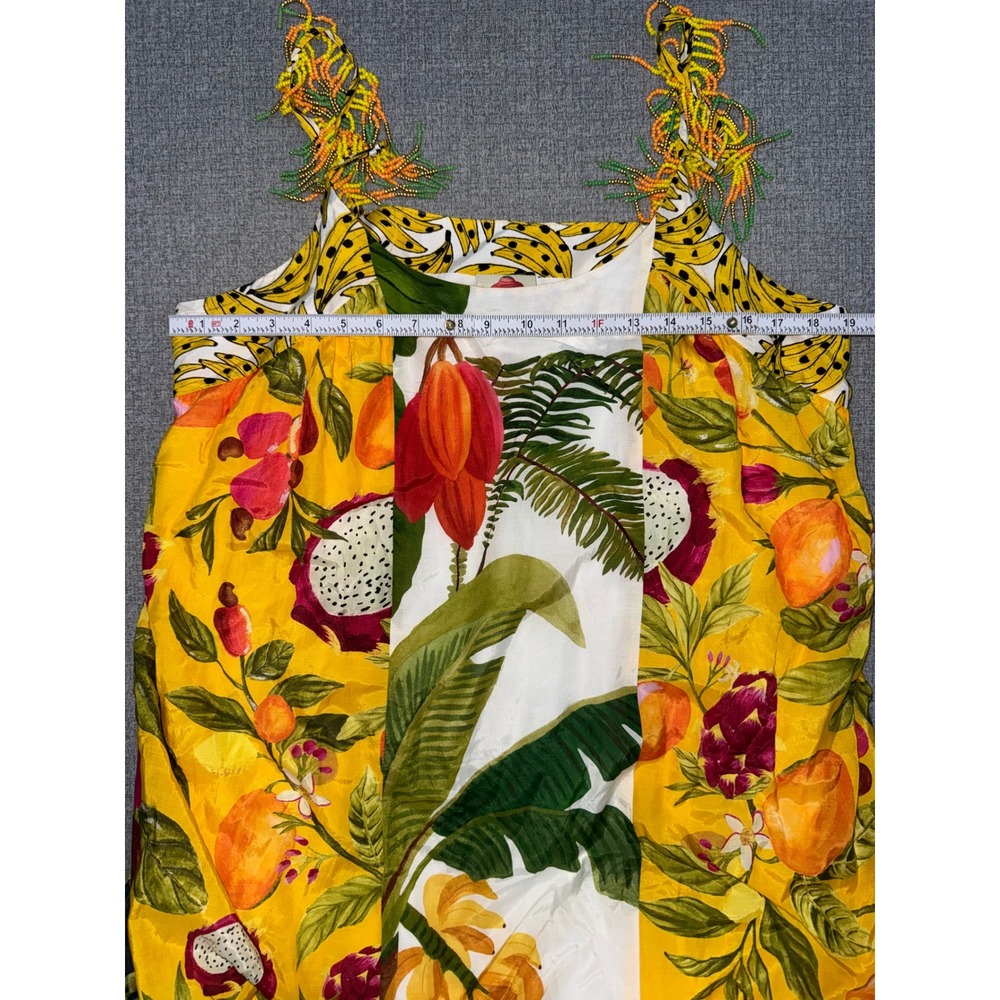 Farm Rio XL Maxi Mixed Prints Dress Yellow Tropical Fruit Beaded Fringe Straps - Picture 10 of 14